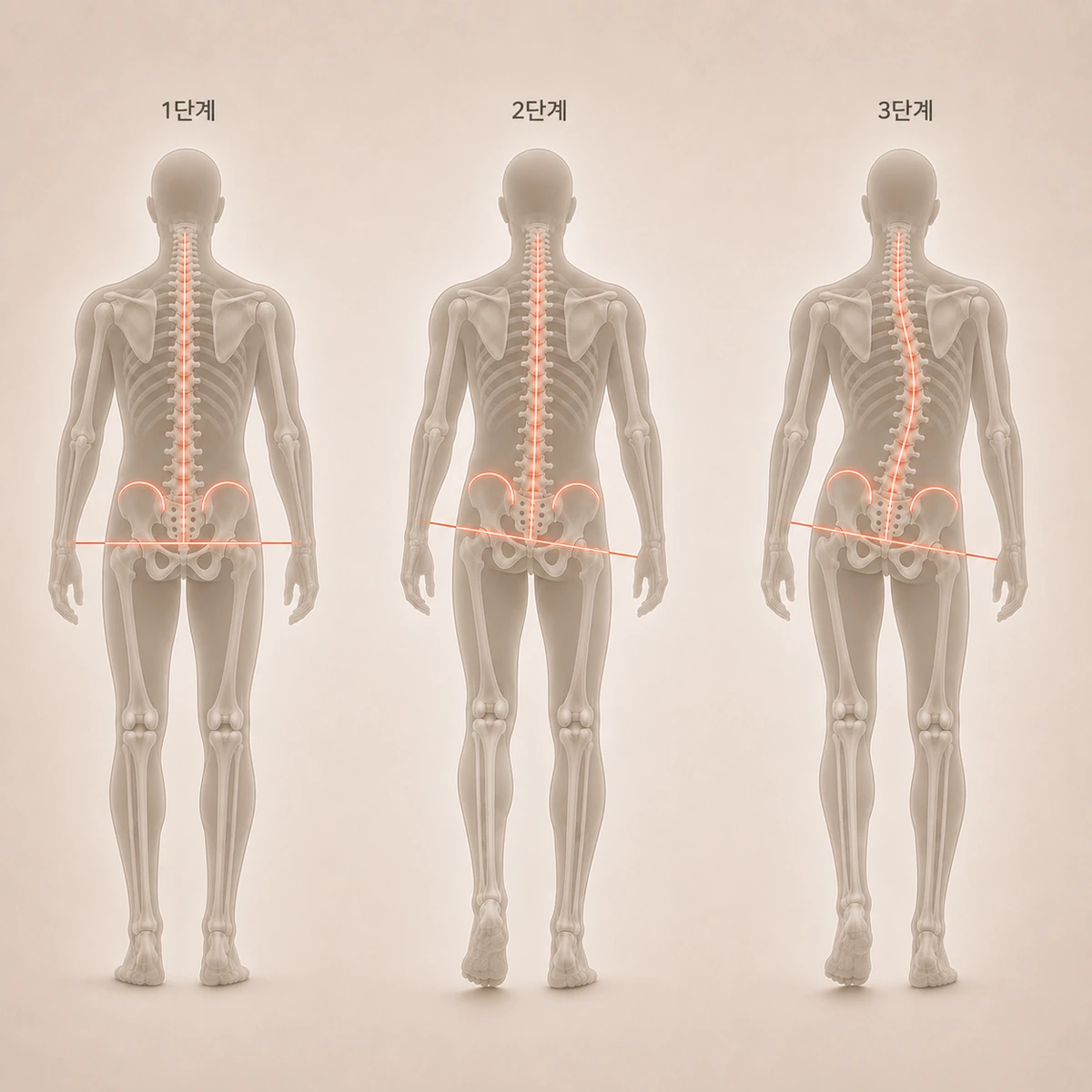 골반 기울기가 정렬을 무너뜨리는 과정을 3단계로 보여주는 도해. 1단계는 골반이 수평이고 좌우 다리 길이가 같으며 척추가 곧다. 2단계는 골반이 틀어져 좌우 다리 길이에 차이가 난다. 3단계는 기울어진 골반 위에서 척추가 무게중심을 맞추려 S자로 휘어진다