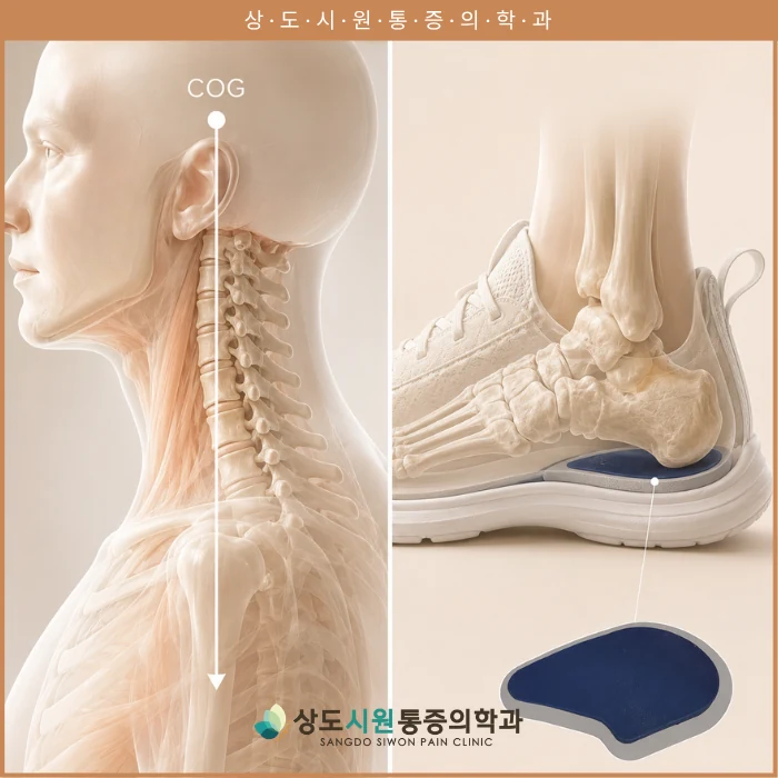 JS주사와 JS인솔 처방 원리를 보여주는 척추·발 일러스트