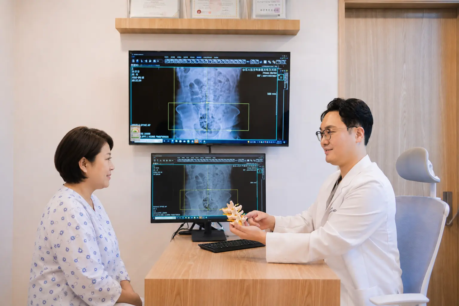 의사가 엑스레이 영상을 보며 환자와 상담하는 모습
