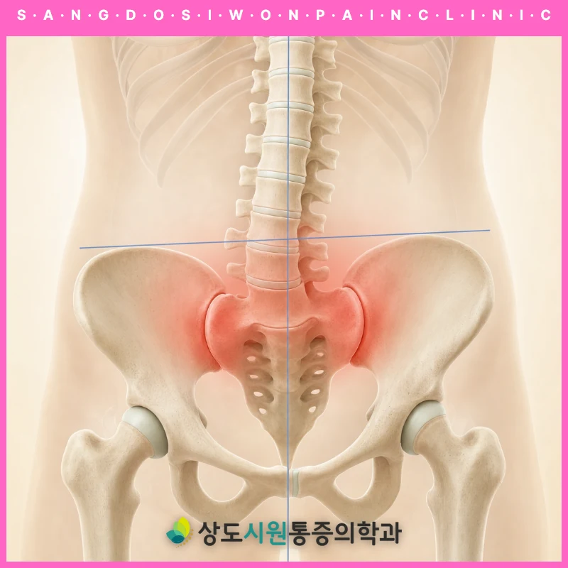 허리뼈와 골반을 뒤에서 본 해부 그림. 척추 끝의 엉치뼈와 좌우 골반이 맞물리는 천장관절 부위가 붉게 표시되어 있고, 골반 높이를 재는 가로선과 몸의 중심을 나타내는 세로선이 함께 그어져 있다