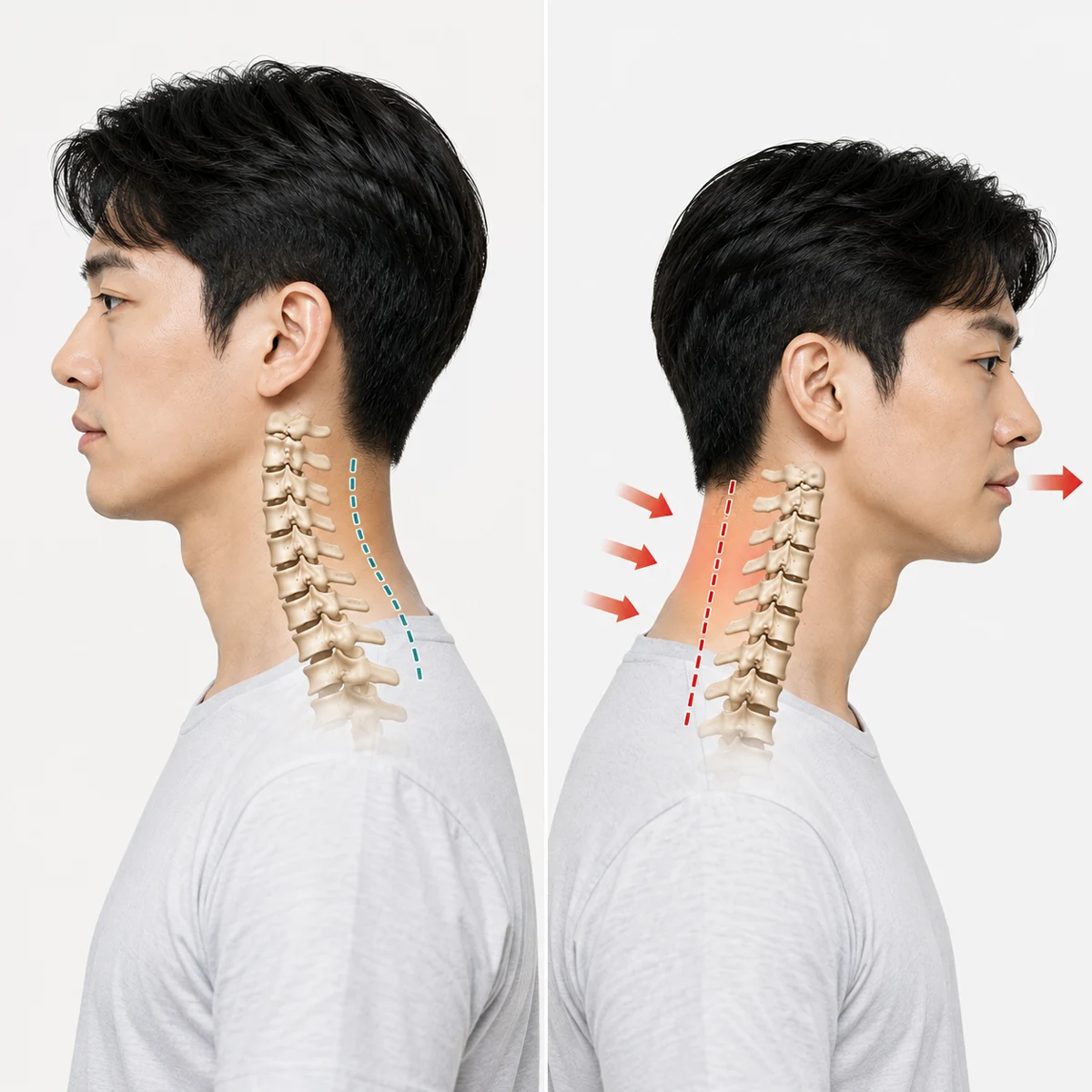 정상 경추의 C자 곡선과 일자목(거북목)의 옆모습을 비교한 도해. 약 5kg인 머리가 앞으로 나올수록 목이 받는 하중이 커진다