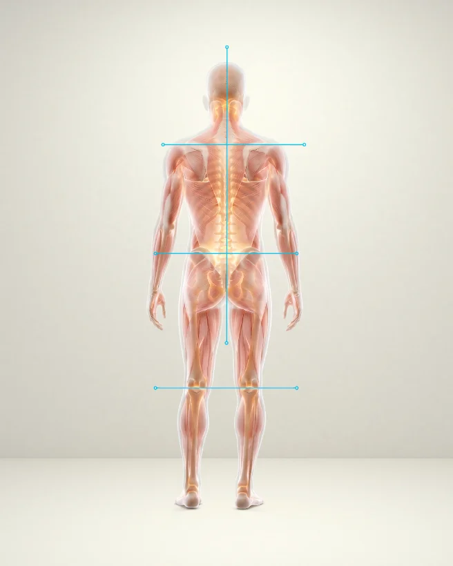 어깨·골반·무릎 정렬선이 수평으로 회복된 신체 측정 이미지