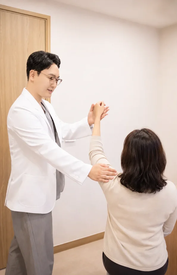 김성훈 원장이 환자의 어깨 관절 가동 범위를 확인하는 모습
