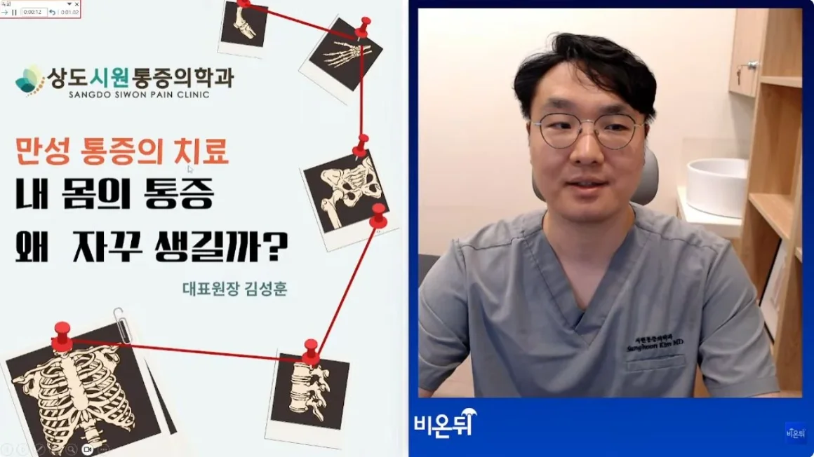 김성훈 원장이 화상으로 만성 통증의 원인에 대해 설명하는 강연 영상