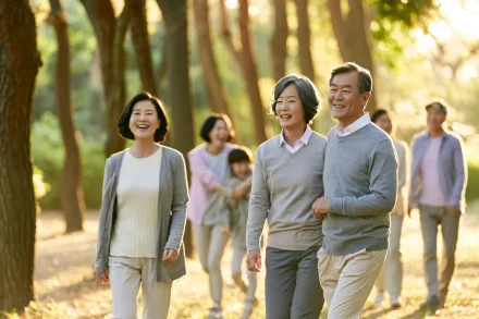 여러 사람이 숲길을 웃으며 걷는 모습