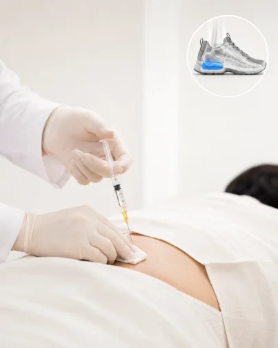 의사가 환자 허리에 JS 주사를 놓고 인솔을 함께 소개하는 이미지