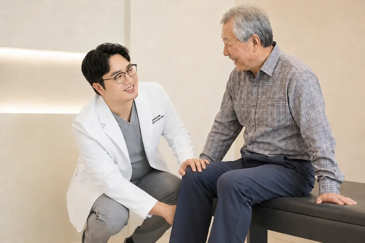김성훈 원장이 무릎을 굽혀 앉아 진료대에 앉은 환자와 눈을 맞추며 다리 상태를 살피는 모습